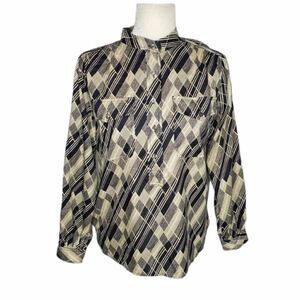 LL BEAN long sleeve top popover‎ printed silk blouse 10
